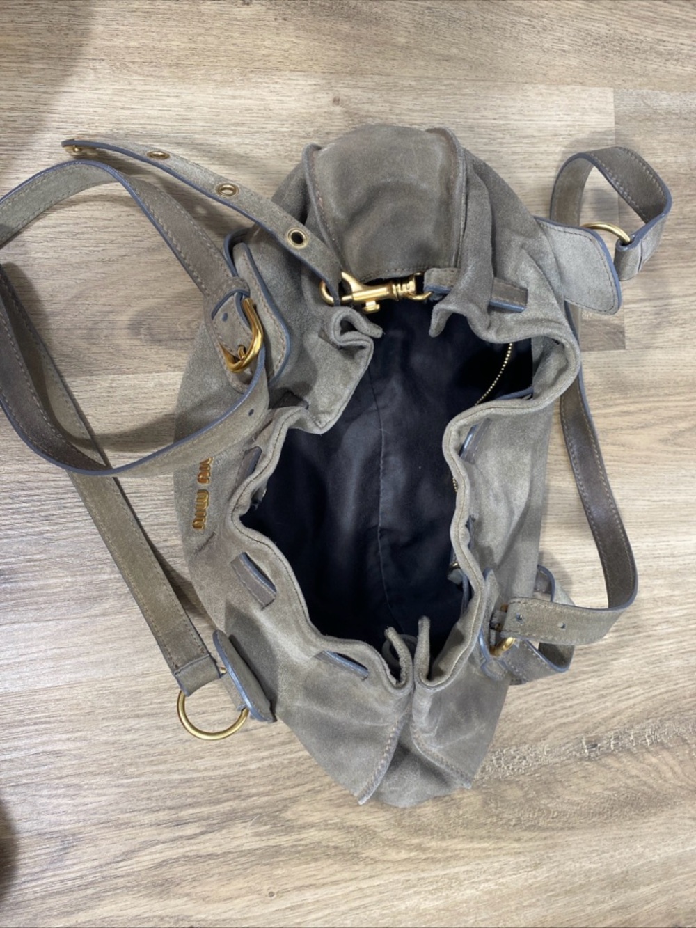 Miu Miu Olive Green Suede Shoulder Tote with Gold Hardware 90s Y2K - Picture 8 of 13